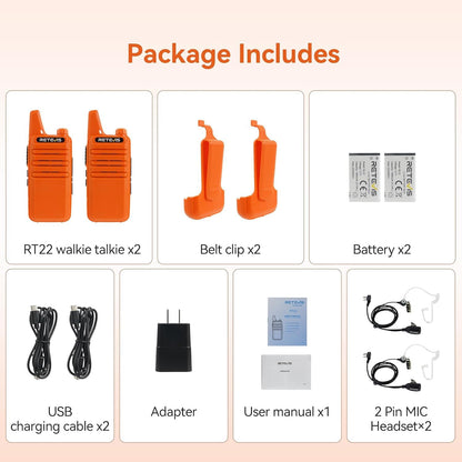 Retevis RT22 Walkie Talkies, Mini 2 Way Radio Rechargeable, VOX Handsfree, Portable, Two-Way Radios Long Range with Earpiece, for Family Road Trip Camping Hiking Skiing(2 Pack, Black)