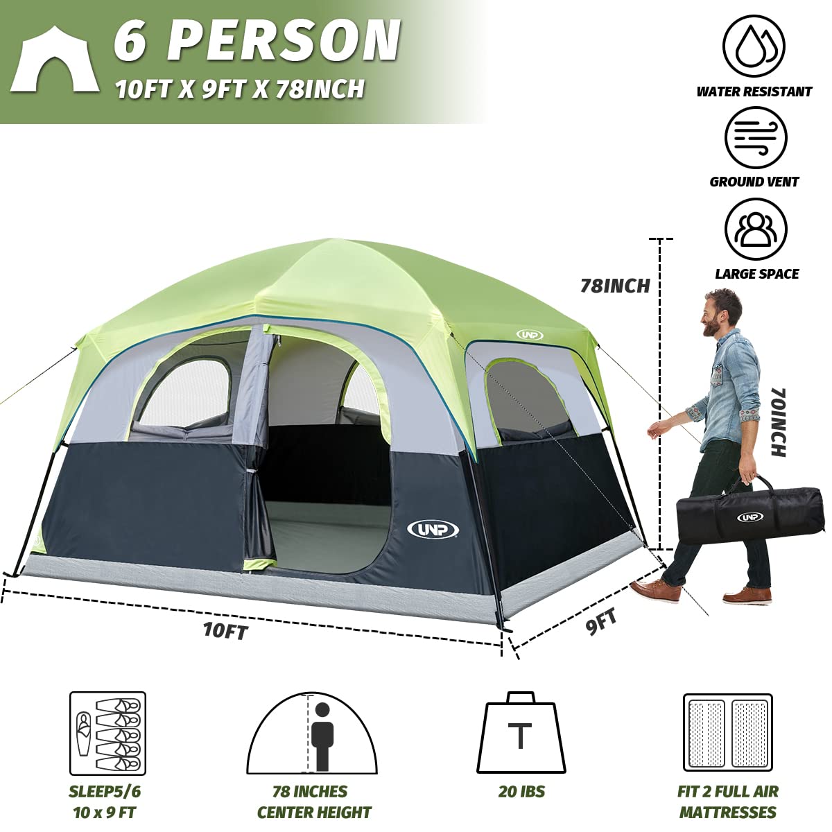 UNP Tents 6 Person Waterproof Windproof Easy Setup,Double Layer Family Camping Tent with 1 Mesh Door & 5 Large Mesh Windows -10'X9'X78in(H)