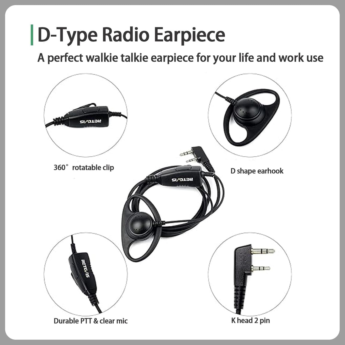 Retevis Case of 10, Walkie Talkies Earpiece with Mic 2 Pin D-Type Headset for H-777 RT22 RT21 RT86S, Compatible with Pxton Kenwood Baofeng BF-888S Walkie Talkies, Walkie Talkie Earpiece(10 Pack)