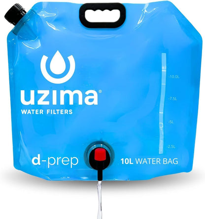 Uzima D-Prep Emergency Water Storage Container – 10L Collapsible Water Bladder with Printed Instructions for Camping, Hiking, Survival, Disaster Kits, and Gravity Filtration Systems