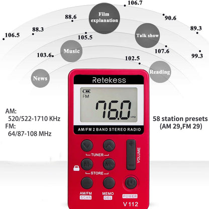 Retekess V112 AM FM Portable Pocket Radio, FM Receiver, Digital Tuning Stereo, with Headphones, Rechargeable Battery, for Walking, Jogging, Training, Church (Red)