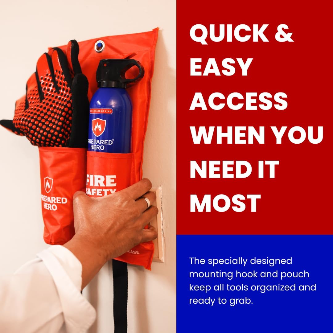 Fire Safety Station by Prepared Hero - Includes The Emergency Fire Blanket, Hero Fire Spray & Heat Resistant Gloves - Fire Extinguisher for Home - Fire Blanket for Home and Kitchen