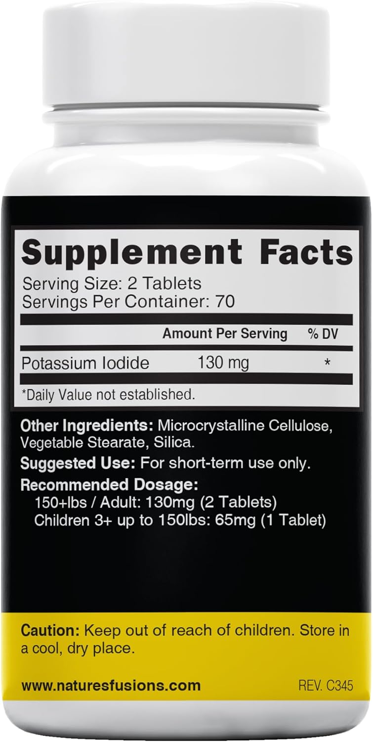 Potassium Iodide Tablets 130 mg - (60 Tablets) 10 Year Shelf-Life EXP 2034 to 2035 - Ki Pills - Yoduro de potasio - Nutri Supplements - 3rd Party Tested - NSF cGMP Certified Facility - Shelf Stable