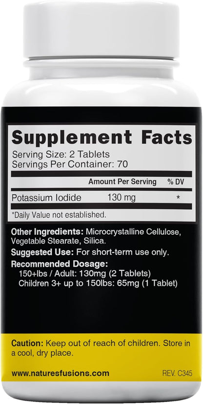 Potassium Iodide Tablets 130 mg - (60 Tablets) 10 Year Shelf-Life EXP 2034 to 2035 - Ki Pills - Yoduro de potasio - Nutri Supplements - 3rd Party Tested - NSF cGMP Certified Facility - Shelf Stable