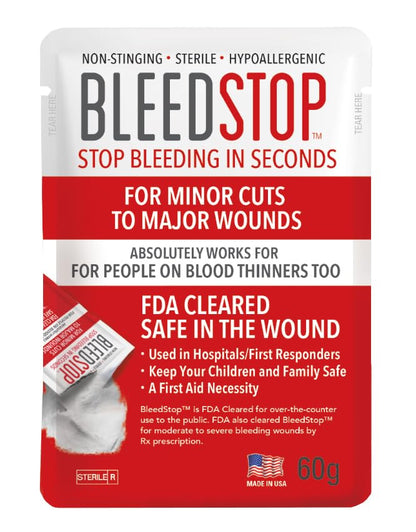 BleedStop™ First Aid Powder for Blood Clotting, Trauma Kit, Blood Thinner Patients, Camping Safety, and Survival Equipment for Moderate to Severe Bleeding Wounds or Nosebleeds - 4 (15g) Pouches