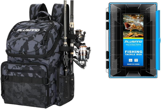 PLUSINNO Fishing Backpack with Rod Holders & Cooler.And fishing Tackle Box with Removable Dividers