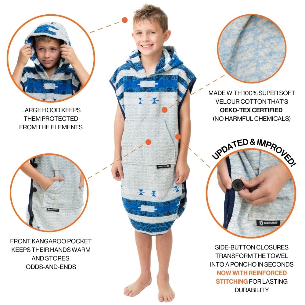 Arcturus Surf Poncho | Hooded Changing Towel & Cover-Up | 100% Cotton Velour | 2-in-1 Design Converts Your Poncho to a Beach Towel (Blackies, Kids)