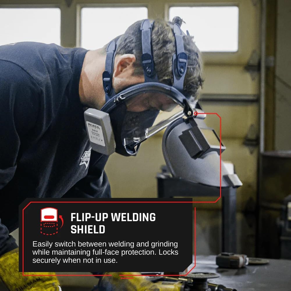 WF-100 Full-Face Welding Respirator - Gas Mask Welding Hood with Dual P3 Cartridges - 99.9% Particulate, Organic Vapor, Acidic Gas Filtration