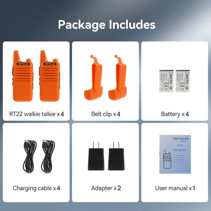 Retevis RT22 Two Way Radio Long Range Rechargeable,Portable 2 Way Radio, USB-C Charging, Handsfree Walkie Talkies for Adults Cruise Hiking Camping(4 Pack)