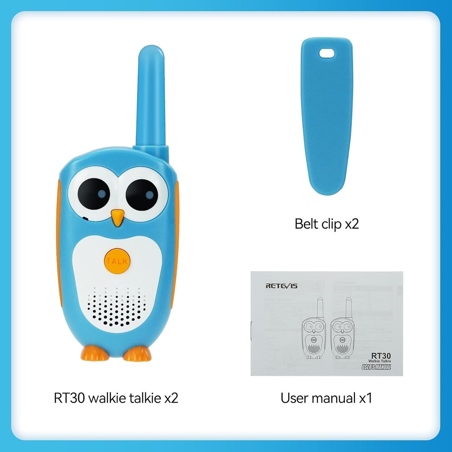 Retevis RT30 Kids Walkie Talkies, Toddler Toys for 4-6 Year Old Boys Girls, Small Owl Toy Walkie Talkie for Kids, Easy to Use, LED Eyes, Christmas Holiday Toy Gifts, Indoor Role Play(Blue,2 Pack)