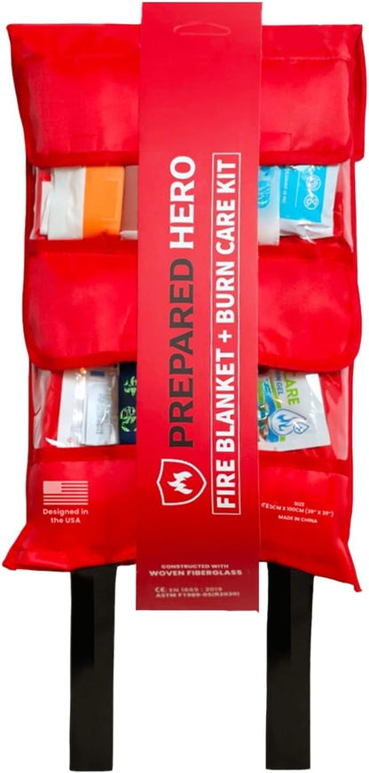 Fire Blanket Emergency Kit with Burn Gel First Aid Supplies - Prepared Hero 2-in-1 Kitchen Fire Suppression Blanket 1076°F & Complete Burn Treatment Kit - Home, RV, Camping Safety - CE Certified
