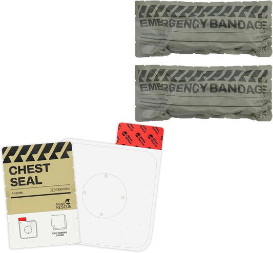 RHINO RESCUE Bundle-Vented Chest Seal, 4 Vents, Sterile Emergency Trauma Dressing, Occlusive Adhesive Pad+6" Israeli Style Emergency Bandage, Compression Trauma Wound Dressing