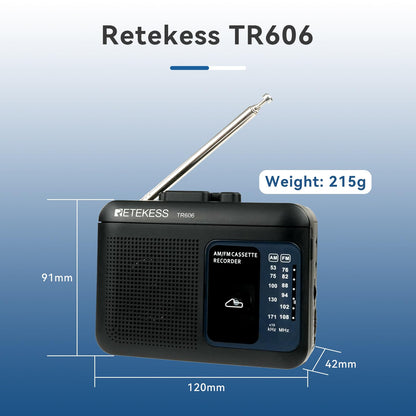 Retekess TR606 Cassette Tape Player, Cassette Player Recorder, Built-in Speaker, AUX/Microphone Jack, Support AUX Line in Record, AM FM Radio, Powered by DC or AA Battery (White)