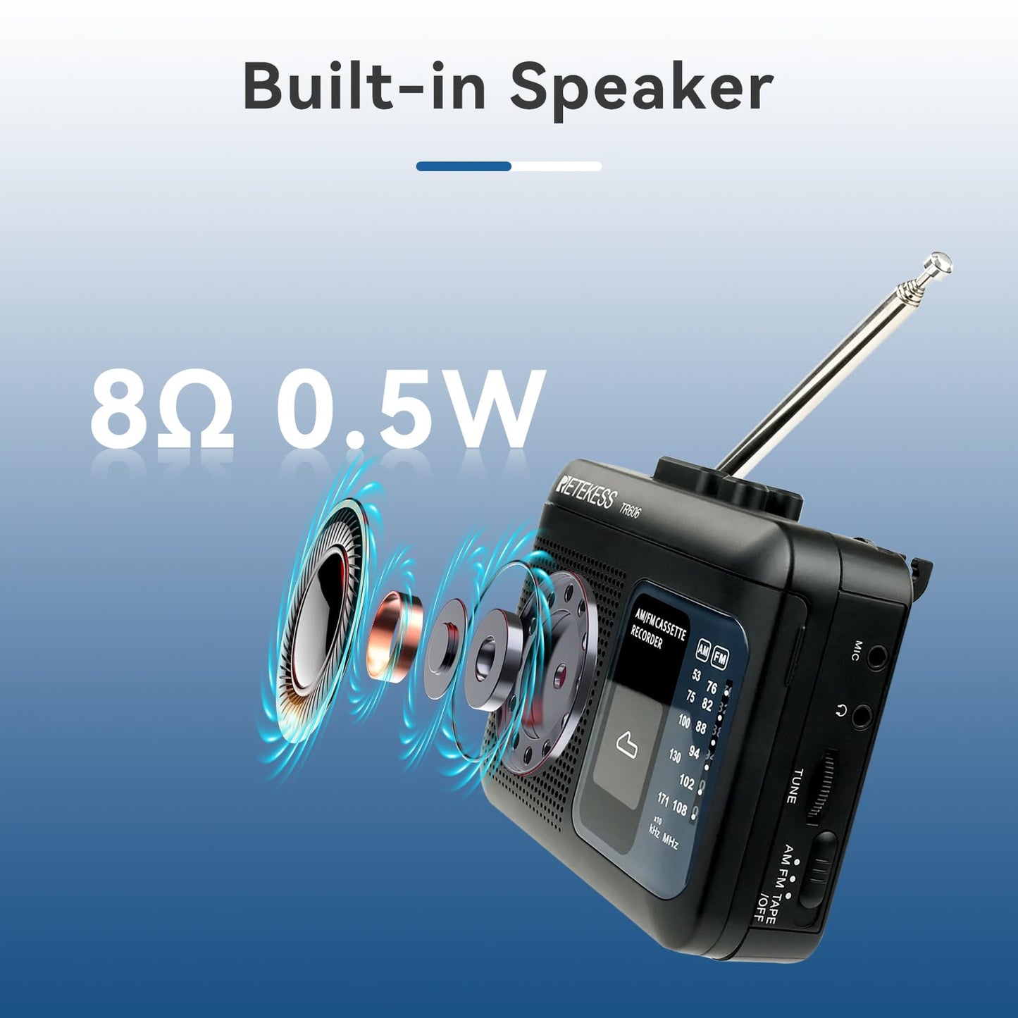 Retekess TR606 Cassette Tape Player, Cassette Player Recorder, Built-in Speaker, AUX/Microphone Jack, Support AUX Line in Record, AM FM Radio, Powered by DC or AA Battery (White)