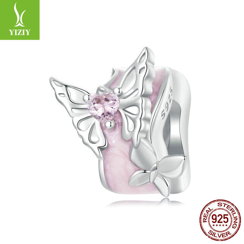 Silver Charm Pink Butterfly DIY Silicone Positioning Bracelet with Separated Beads Romantic Spring Day s925 Pure Silver Beads Loose Beads