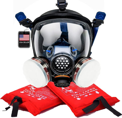 Parcil Distribution Full Face Respirator Mask For Smoke Protection & 2 Emergency Fire Blankets - Emergency Fire Mask - Fire Safety Kit - Smoke Filtration