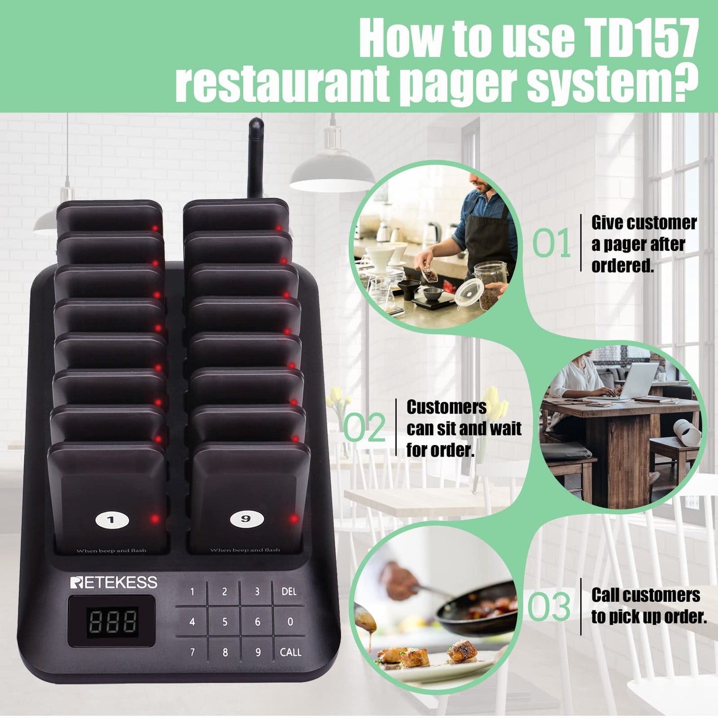 Retekess TD157 Restaurant Pager System, Pagers for Restaurants,984ft Long Range, 16 Pagers and Beepers for Food Truck, Bars, Food Court, No Vibration Mode