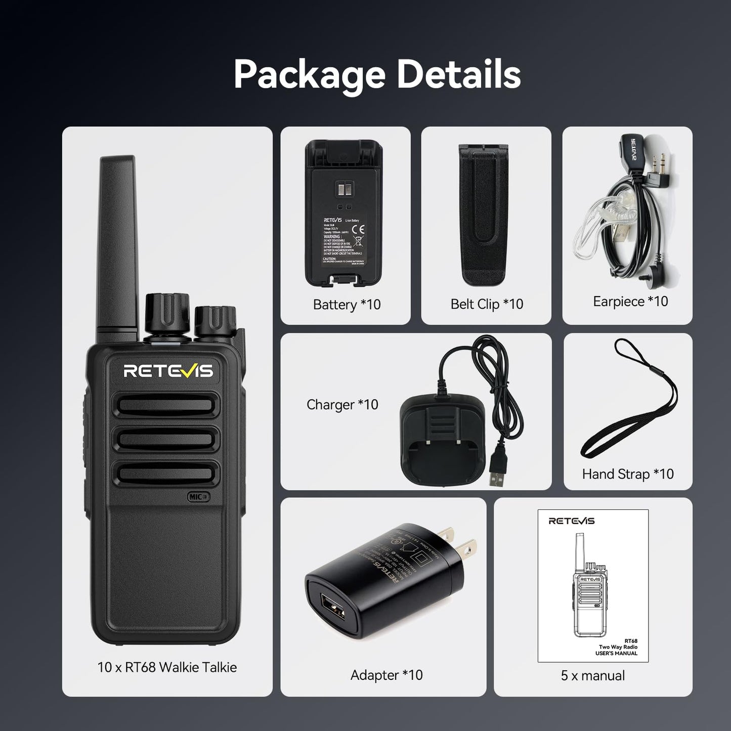 Retevis RT68 Two-Way Radios Long Range, Walkie Talkies for Adults, 2 Way Radio with Earpiece, Walkie Talkie Rechargeable with Charging Base, for Manufacturing Restaurant Business School(10 Pack)