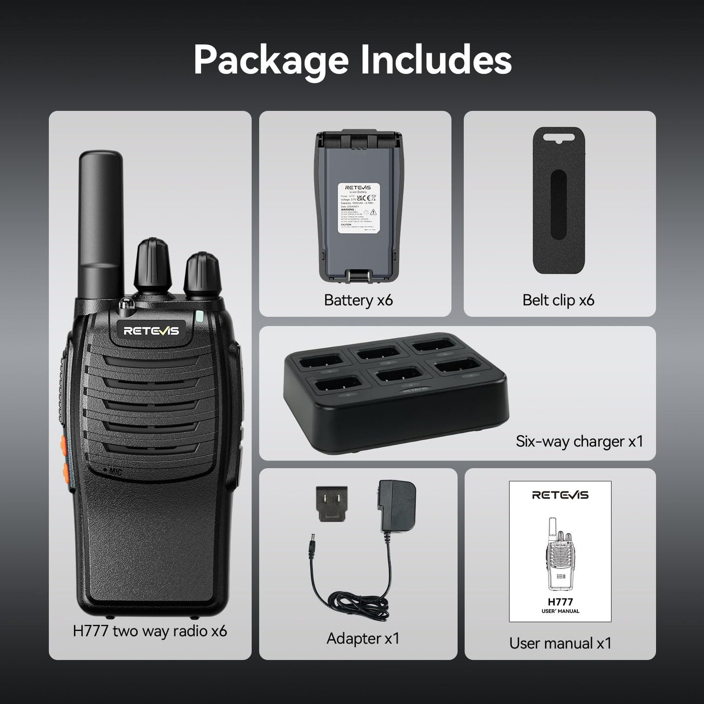 Case of 6,Retevis H-777 Walkie Talkies for Adults Long Range, Rechargeable Two-Way Radios,with 6-Way Multi Unit Charger,Flashlight Handheld Business 2 Way Radios