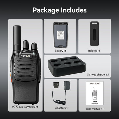 Case of 6,Retevis H-777 Walkie Talkies for Adults Long Range, Rechargeable Two-Way Radios,with 6-Way Multi Unit Charger,Flashlight Handheld Business 2 Way Radios