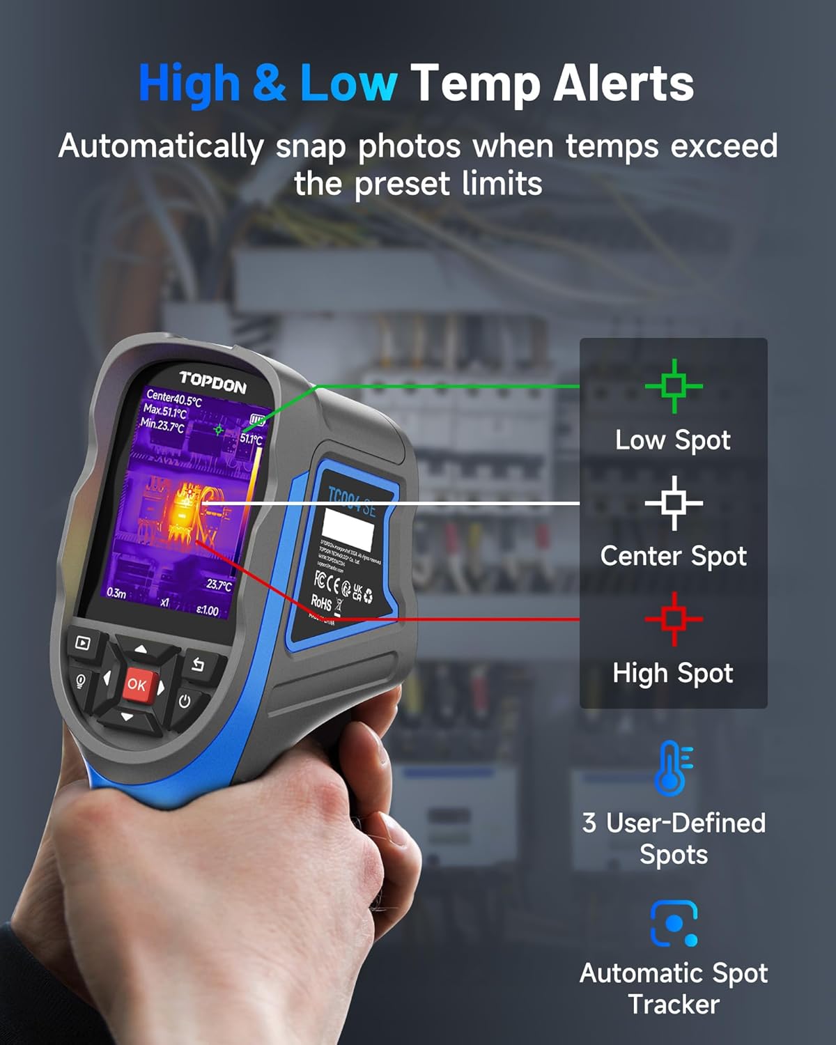 TOPDON TC005 256 x 192 IR High Resolution Dual-Camera Thermal Imaging Camera with 12-Hour Battery Life and 2MP Visual Light Camera, -4°F~1022°F Handheld Infrared Thermal Imager with PC 2D/3D Analysis