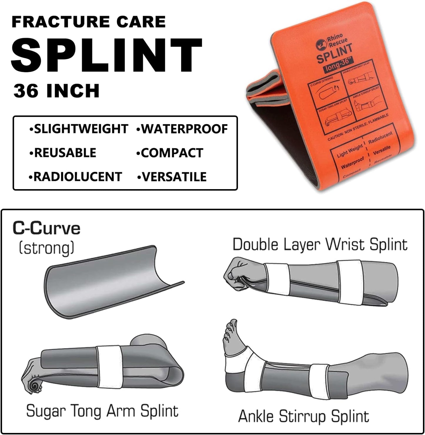 RHINO RESCUE Bundle-Non-Vented Chest Seal, IFAK Emergency Trauma Dressing+First Aid Splint 36" X 4.3" Orange-Gray