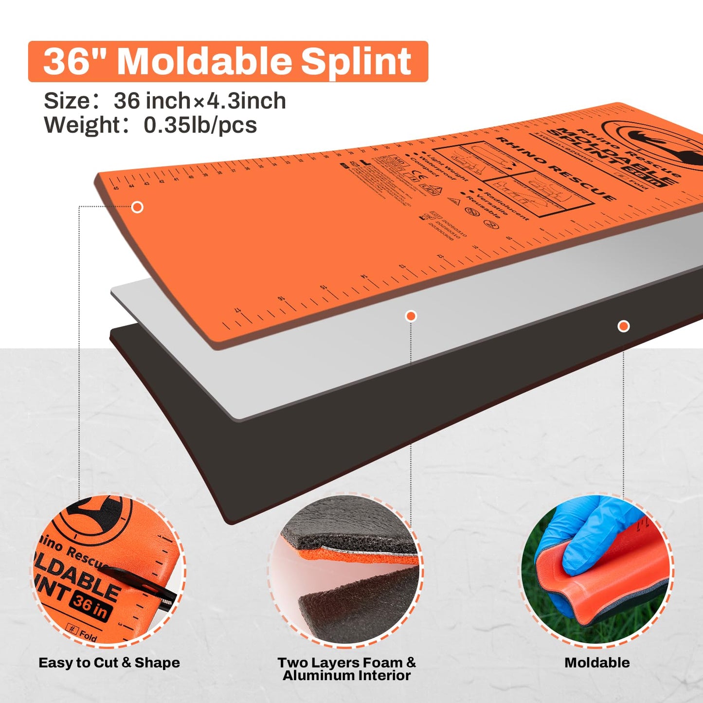 RHINO RESCUE First Aid Splint 36" X 4.3" Orange-Gray, Keep Bones in Position (1, Folded)