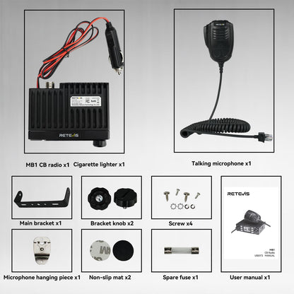 Retevis MB1 40 Channel CB Radio, Noise Cancellation Long Range Mobile Radio, with CB Antenna and Cigarette Lighter, Emergency Channel 9/19, 7-Color Screen, Auto-Scan, External Speaker Jack for Trucker