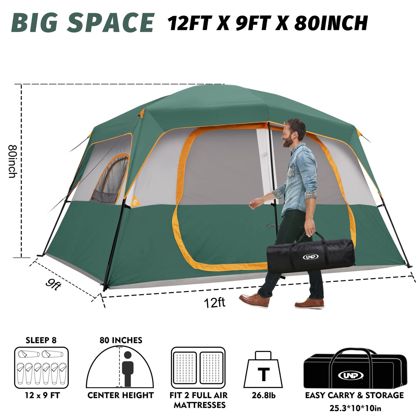 UNP 2/4/6/8 Person Tent, Portable Cabin Tent, Camping Tent 4-Person Easy Set Up, Waterproof with Top Rainfly for Outdoor Camping/Hiking | Easy Set Up, Waterproof, Top Rainfly