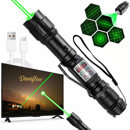 Damflew Green Laser Pointer High Power - Long Range Rechargeable Laser Beam, USB-A Charging for Hiking, Presentations & Outdoor Use (Professional-Grade Green Light)