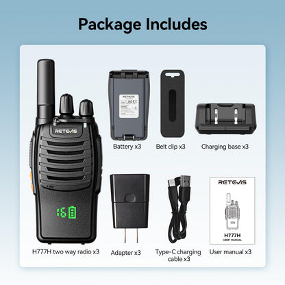 Retevis H-777 Walkie Talkies Rechargeable, 2 Way Radios Long Range, Portable FRS Two-Way Radios, Short Antenna, LED Flashlight, for Adults Family Outdoor (3 Pack)