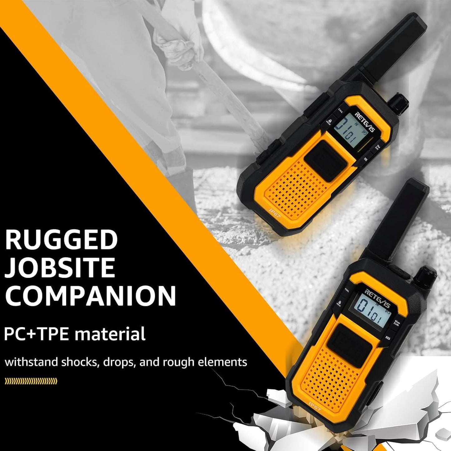 Retevis RB48 Heavy Duty Walkie Talkies, Waterproof Two Way Radio, Advanced Triple Proof, 2000 mAh, Emergency, 2 Way Radio Long Range for Job Site (4 Pack) Yellow