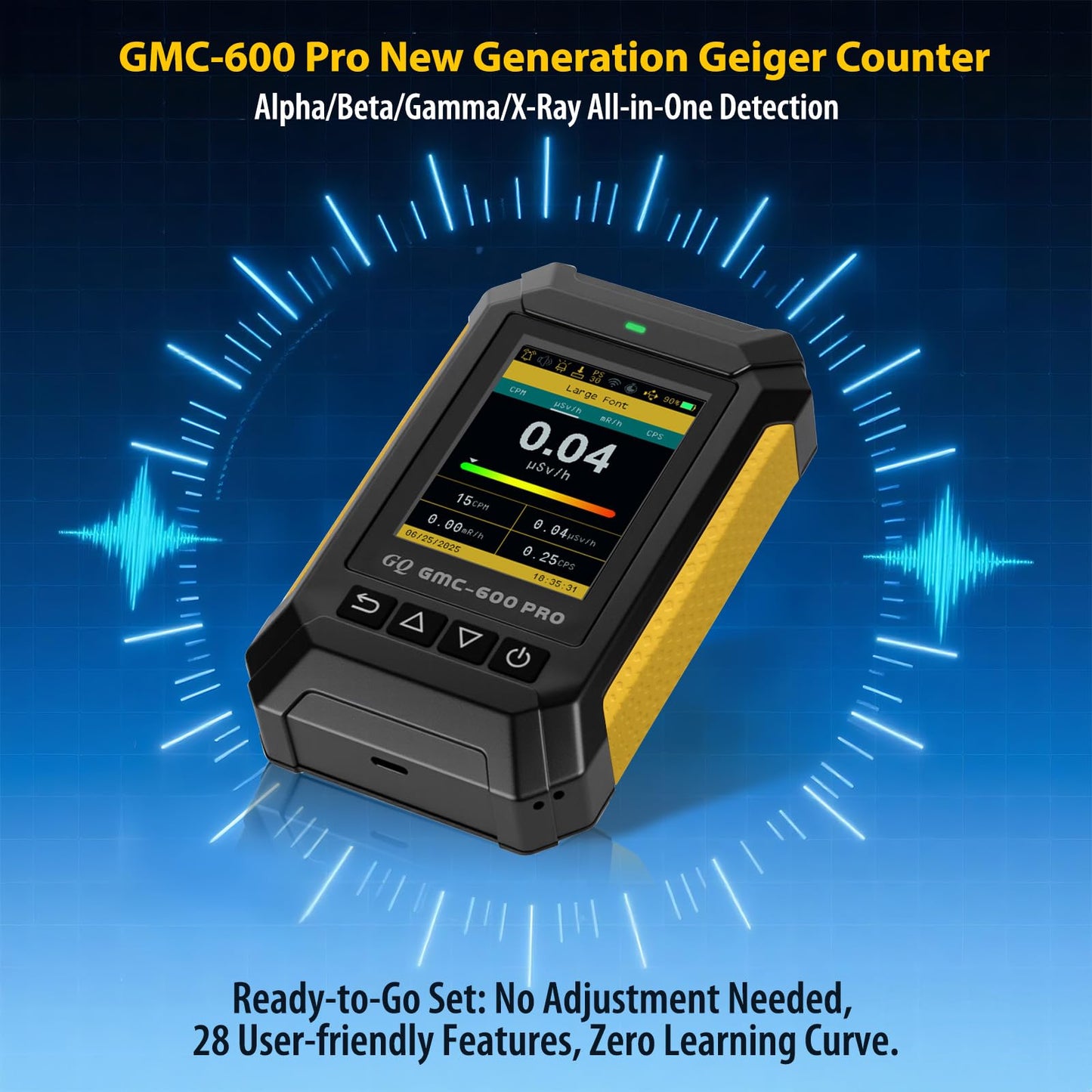 GQ 600 PRO Geiger Counter Nuclear Radiation Detector – Dosimeter for Alpha, Beta, Gamma, X-Ray – Portable Radiation Monitor with Real-Time Data, Global Data Sharing, LCD Display & USB