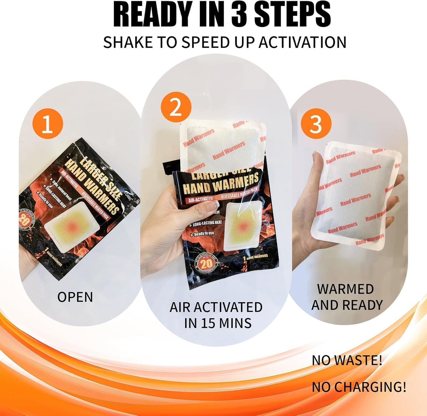 Large Hand Warmers Disposable - Up to 20 Hours of Heat - 50/100 Pack Super Long Lasting Air Activated Warmers, All Natural & Portable for Body, Hands & Toes - Odorless Hot Warmer Heater