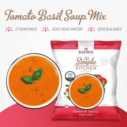 READYWISE - Simple Kitchen, Tomato Basil Soup, 17 Servings, MRE, Gluten Free, & Vegetarian, Food, Soup Mix, for Events, Hiking, Emergency Food Supply, Camping Essentials, or Daily Use, 1 Pack