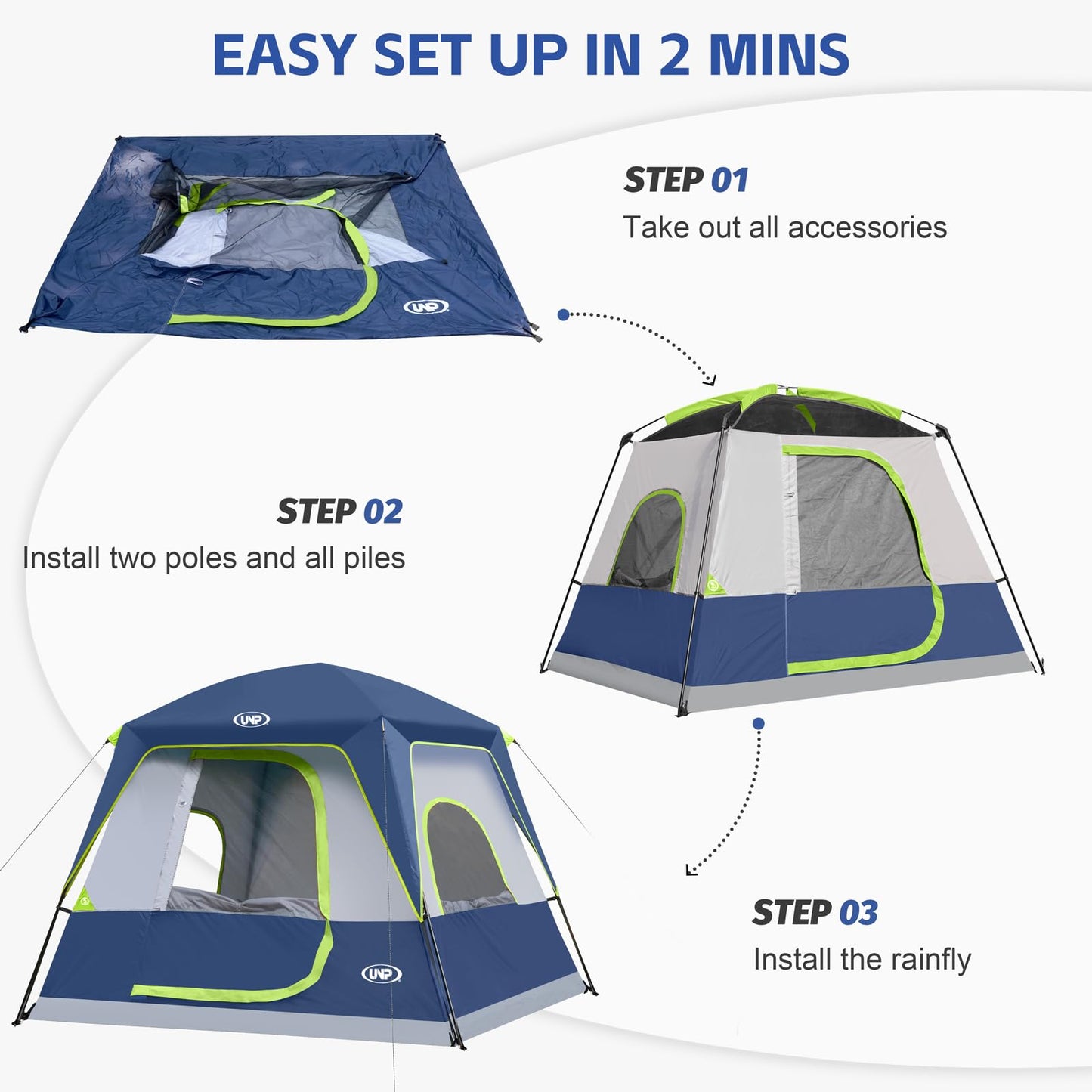 UNP 2/4/6/8 Person Tent, Portable Cabin Tent, Camping Tent 4-Person Easy Set Up, Waterproof with Top Rainfly for Outdoor Camping/Hiking | Easy Set Up, Waterproof, Top Rainfly
