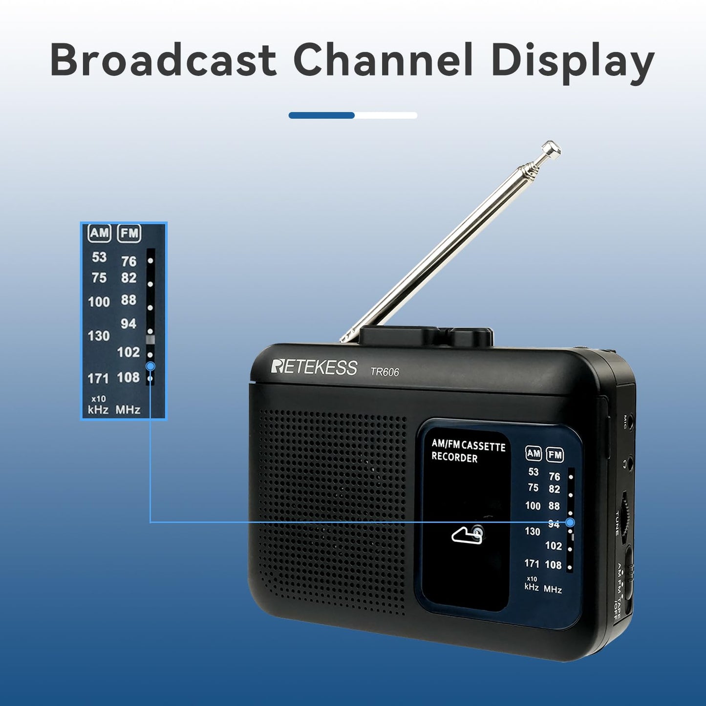 Retekess TR606 Cassette Tape Player, Cassette Player Recorder, Built-in Speaker, AUX/Microphone Jack, Support AUX Line in Record, AM FM Radio, Powered by DC or AA Battery (White)