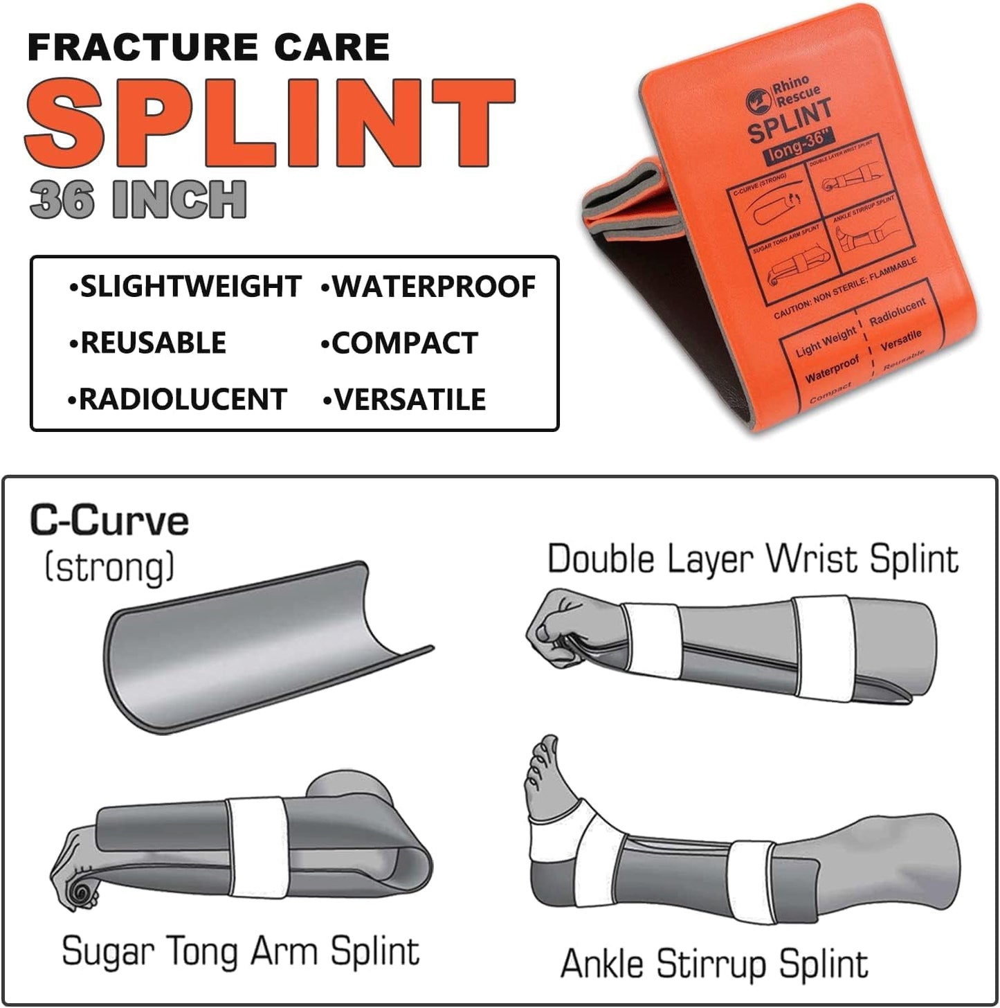 RHINO RESCUE Bundle-Vented Chest Seal, 4 Vents, Sterile Emergency Trauma Dressing, Occlusive Adhesive Pad+First Aid Splint 36" X 4.3" Orange-Gray, Keep Bones in Position