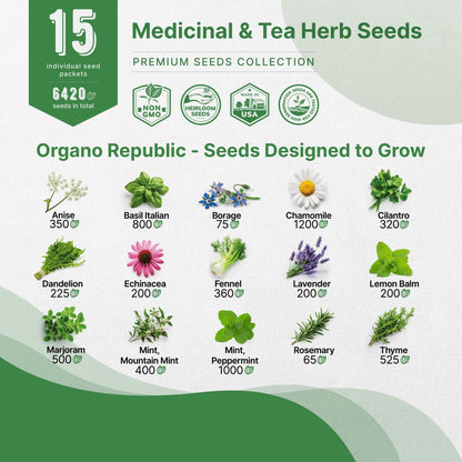 35 Medicinal & Tea Herb Seeds Variety Pack for Indoor & Outdoors. 16,335+ Non-GMO Heirloom Garden Seeds: Anise, Bergamot, Borage, Cilantro, Chamomile, Dandelion, Rosemary Seeds & More
