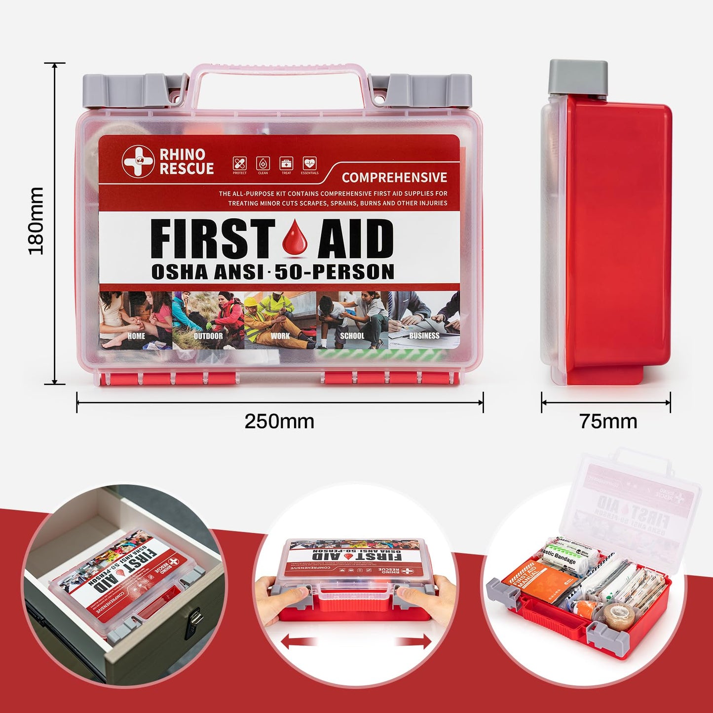 RHINO RESCUE 371 Pieces OSHA All-Purpose First Aid Kit, Home & Office Professional Medical Supplies, Ideal for Emergency, School, Business