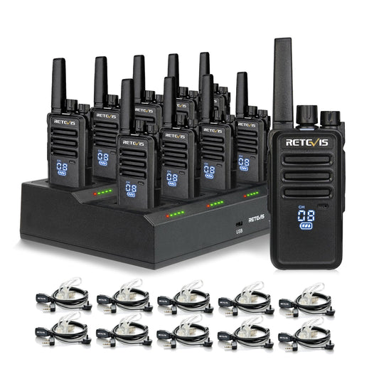Retevis RT68 Two-Way Radios Long Range, Walkie Talkies for Adults, 2 Way Radio with Earpiece, Walkie Talkie Rechargeable with Charging Base, for Manufacturing Restaurant Business School(10 Pack)