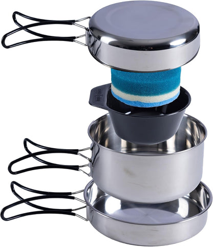 Stainless Steel Mess Cooking Kit by Ready Hour - 5 Piece Compact Survival Cookware Set with Pot Pan Mug Scrubber and Carry Bag. Camping, Survival, Backpacking, Outdoor Cooking.