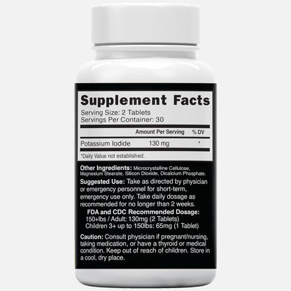 Potassium Iodide Tablets 130 mg - (60 Tablets) 10 Year Shelf-Life EXP 2034 to 2035 - Ki Pills - Yoduro de potasio - Nutri Supplements - 3rd Party Tested - NSF cGMP Certified Facility - Shelf Stable