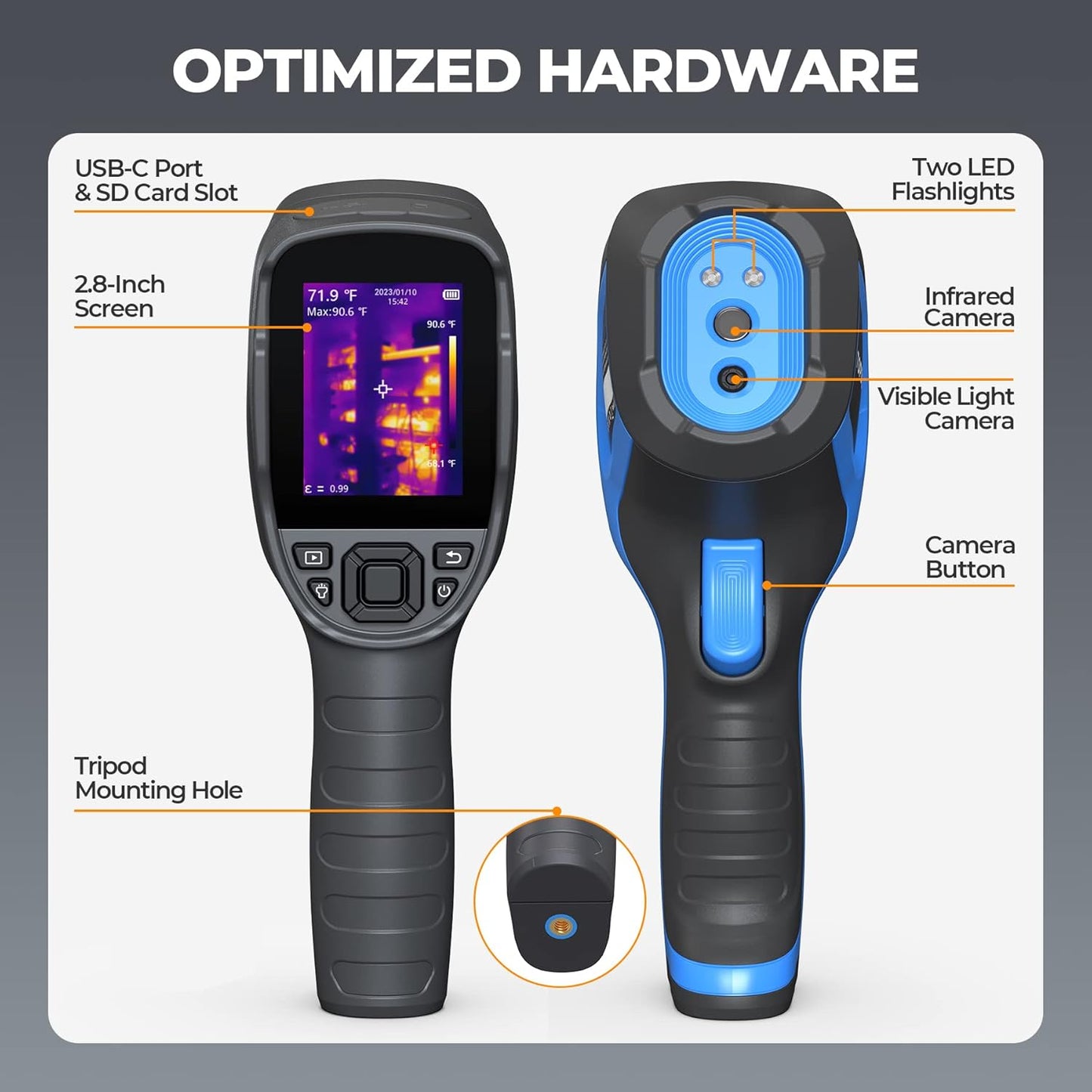 TOPDON TC005 256 x 192 IR High Resolution Dual-Camera Thermal Imaging Camera with 12-Hour Battery Life and 2MP Visual Light Camera, -4°F~1022°F Handheld Infrared Thermal Imager with PC 2D/3D Analysis