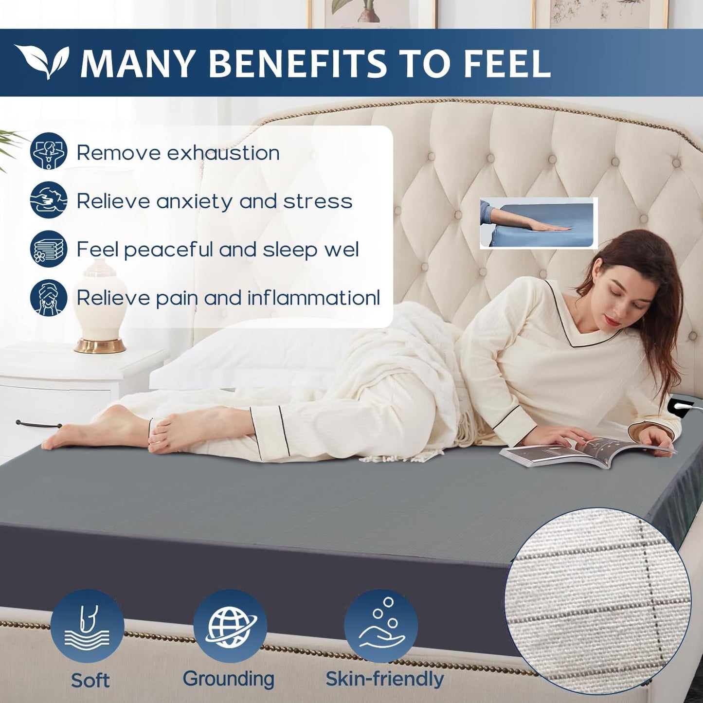 Grounding Mat for Bed, Grey Conductive Grounding Mat Improving Sleep Natural Wellness, Silver Grounding Mat Earthed for Reducing Pain with 15 Feet Grounding Cord (76"*80")