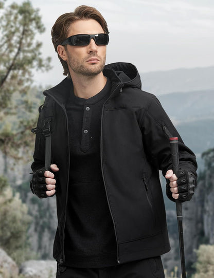 FREE SOLDIER Softshell Jackets for Men Water Resistant Fleece Lined Tactical Hunting Winter Windbreaker with Detachable Hood(Black,XL)