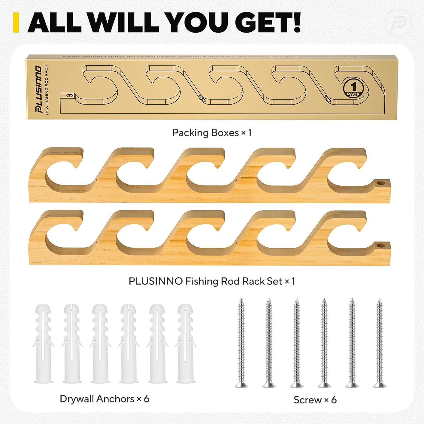 PLUSINNO WH5 Horizontal Fishing Rod/Pole Holders for Garage, Wall or Ceiling Mounted Rack, Solid Wood Fishing Rod Holder Holds up to 5/10/20 Rods or Combos Fishing Gear, Gifts for Men