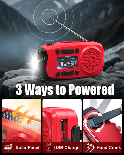Runningsnail Emergency Weather Radio, 7400mWh Hand Crank Emergency Radio with LCD Display, Support Weather Alert Radio, USB/Solar/Hand Crank, 1W Flashlight & SOS Alarm for Outdoor & Home Emergency