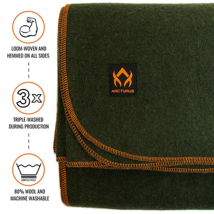 Arcturus Military Wool Blanket - Warm, Thick, Washable - Great for Outdoors, Camping, Stadium Blanket, Picnics, Travel - Car & Bushcraft Survival Kits