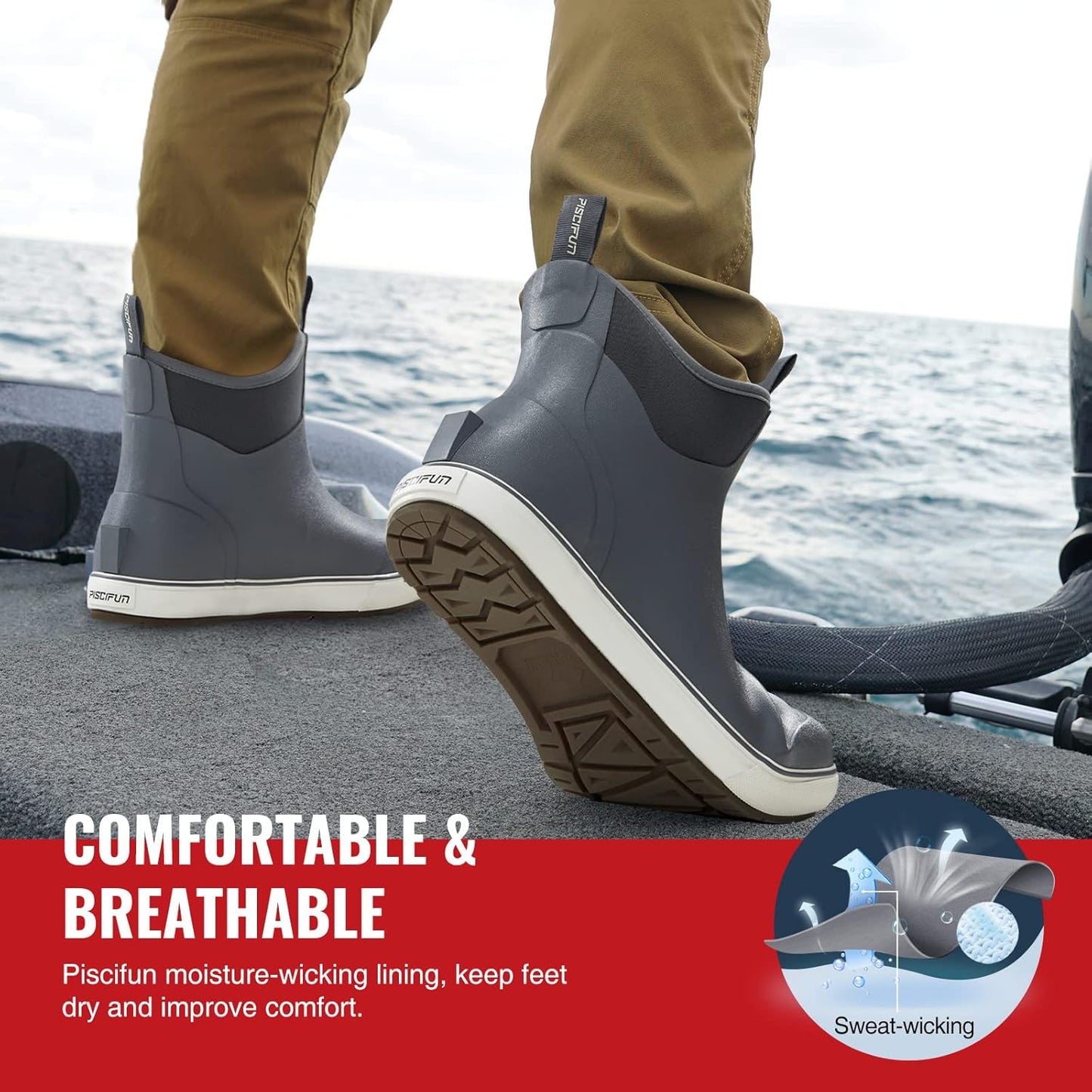 Piscifun Men’ s Deck Boots, Waterproof Fishing Rain Boots, Anti-Slip Rubber Boots with Breathable Neoprene Lining